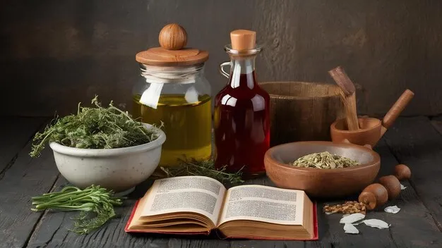 روش‌های مصرف گیاهان دارویی | bottles healthy infusion oil mortars bowls medicinal herb old book herbal medicine 926199 3469992 optimized