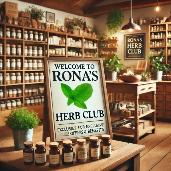 | A cozy and inviting herbal shop environment with shelves of herbs spices and essential oils. In the foreground a sign saying Welcome to Ronas Herb